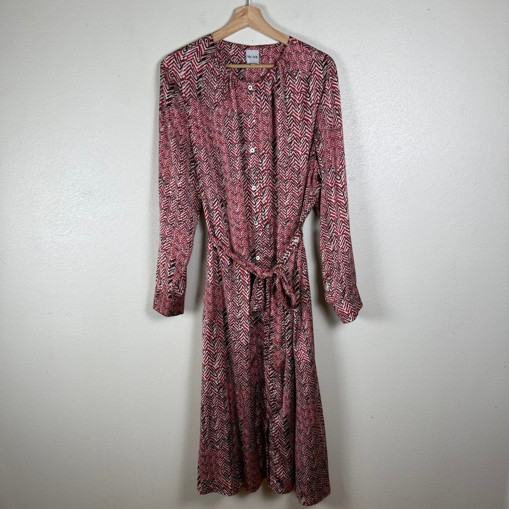NIC+ZOE Red Chevron Geometric Button Down‎ Midi Belted Dress Pockets XL